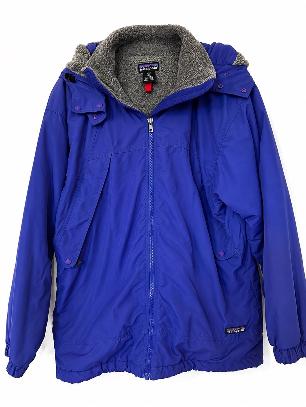 Patagonia Girl’s Royal Blue Hooded Puffer with Gray Sherpa Lining